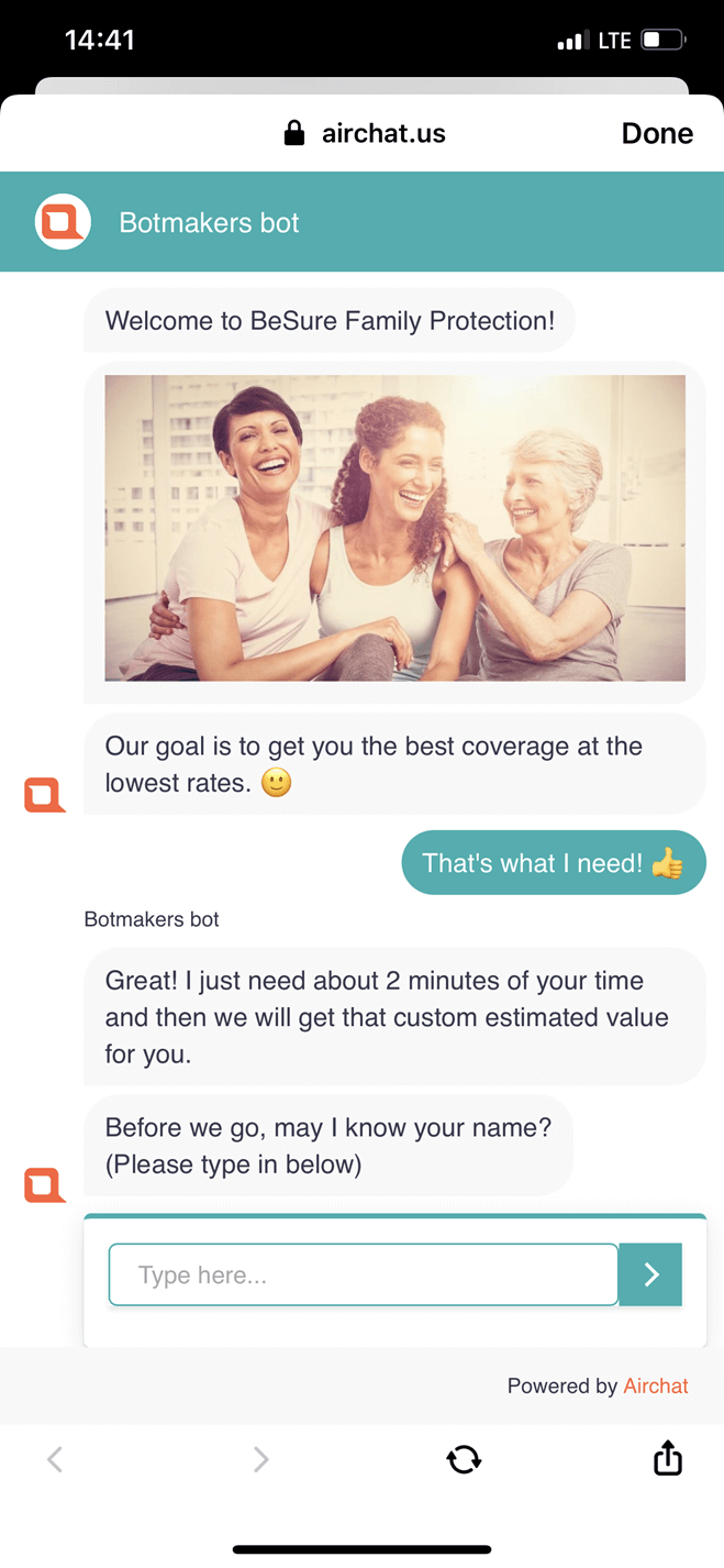 Final expense insurance website Messenger bot screenshot