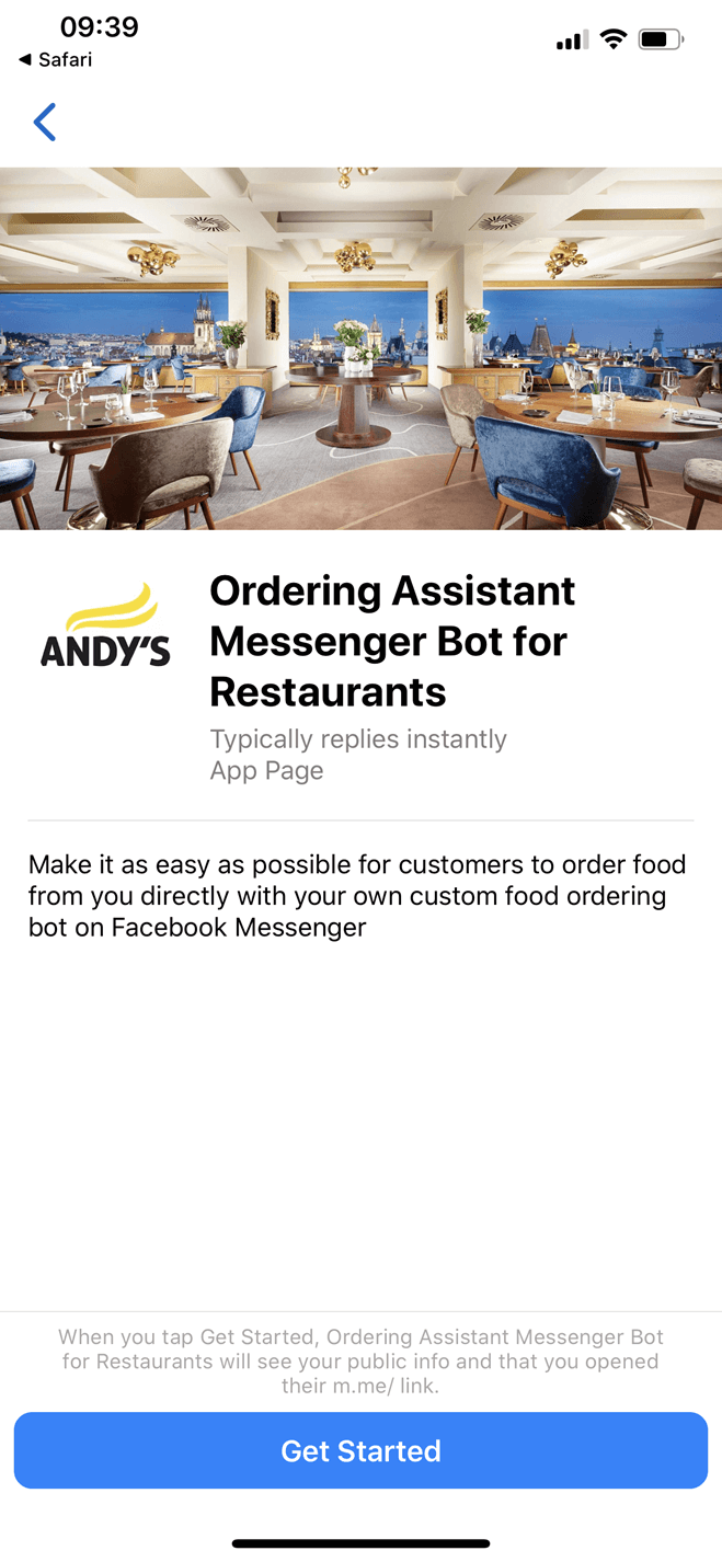 Ordering assistant Messenger bot screenshot