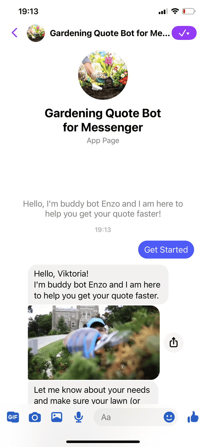 Gardening quote Messenger bot screenshot