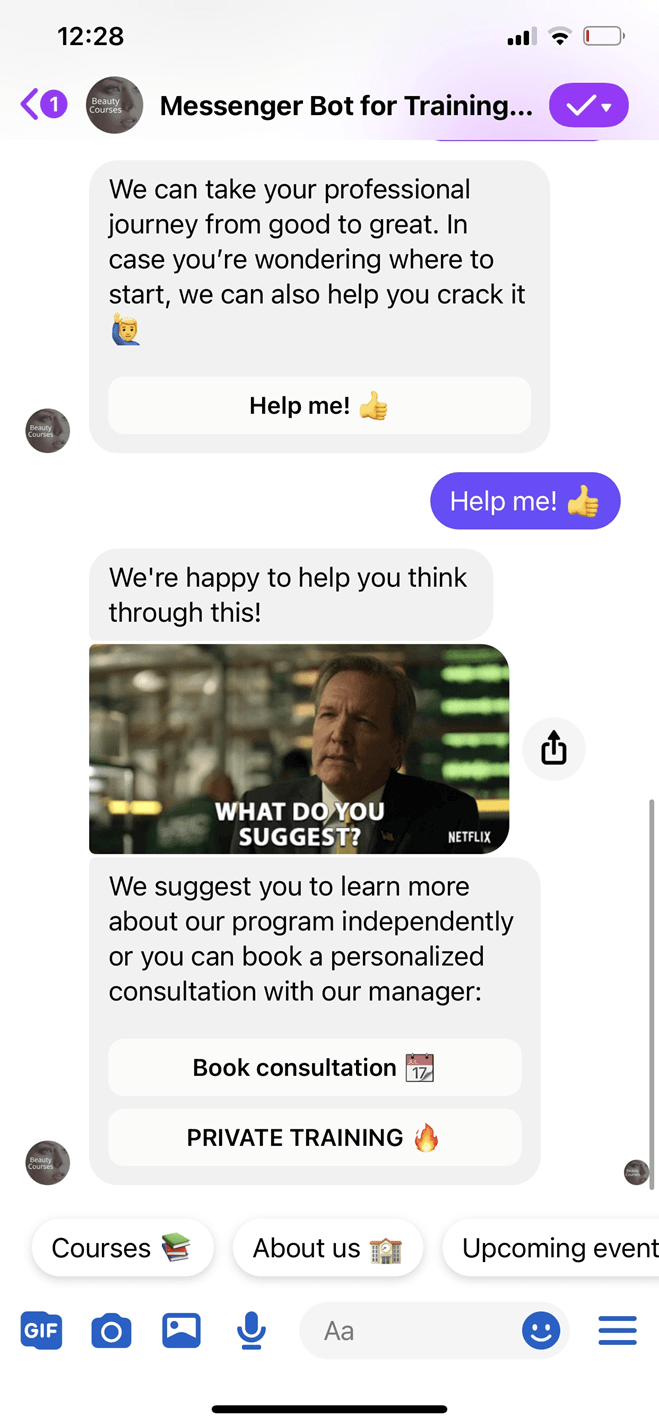 Training organization Messenger bot screenshot