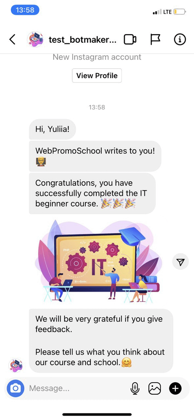 Instagram Reviews Bot for Online Courses Messenger bot screenshot
