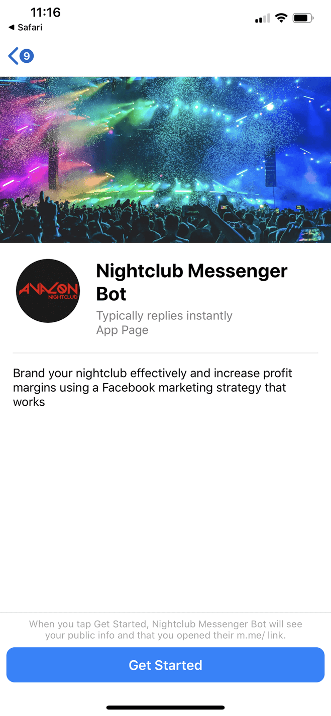 Nightclub Messenger bot screenshot