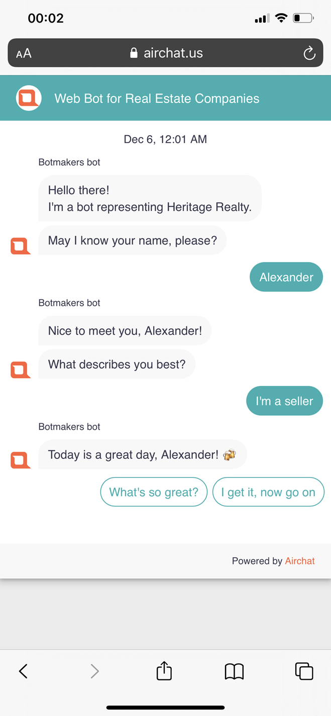 Real estate company Messenger bot screenshot