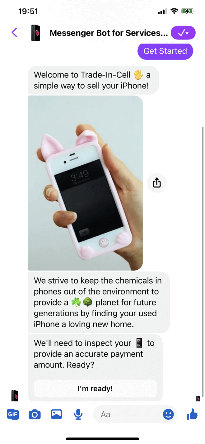 Messenger bot for services that buy mobile devices Messenger bot screenshot