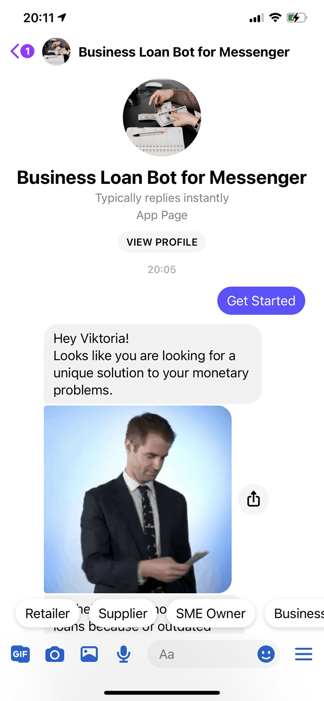 Small business loan Messenger bot screenshot