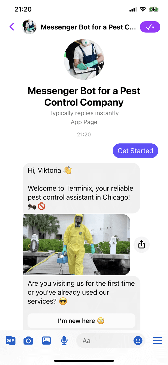 Pest сontrol сompany Messenger bot screenshot