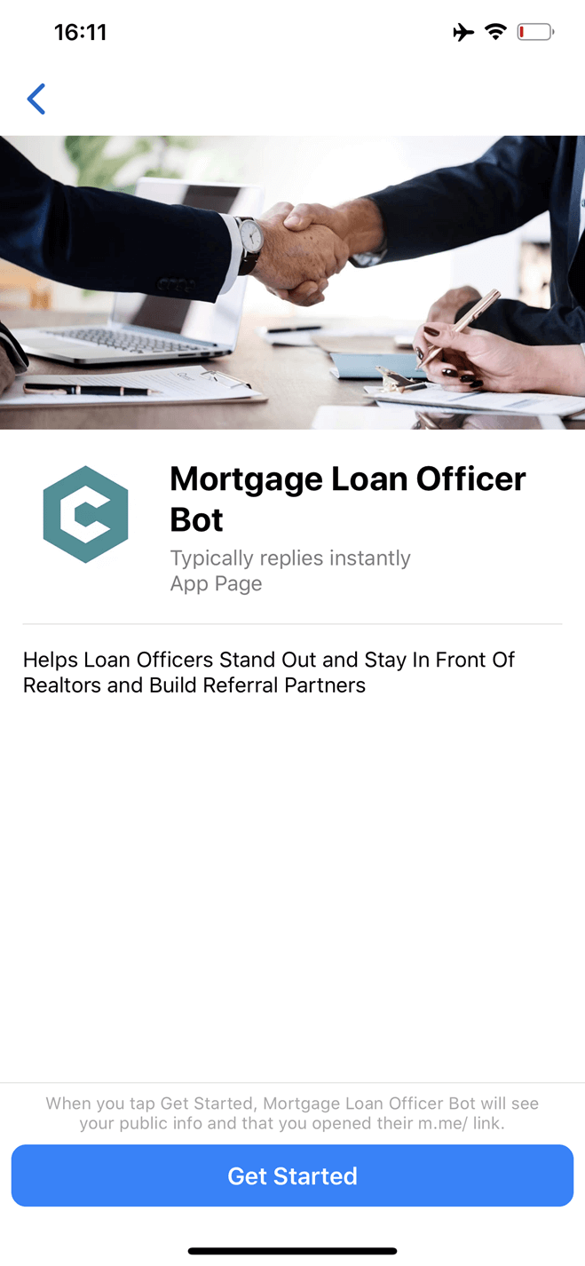Mortgage loan officer Messenger bot screenshot