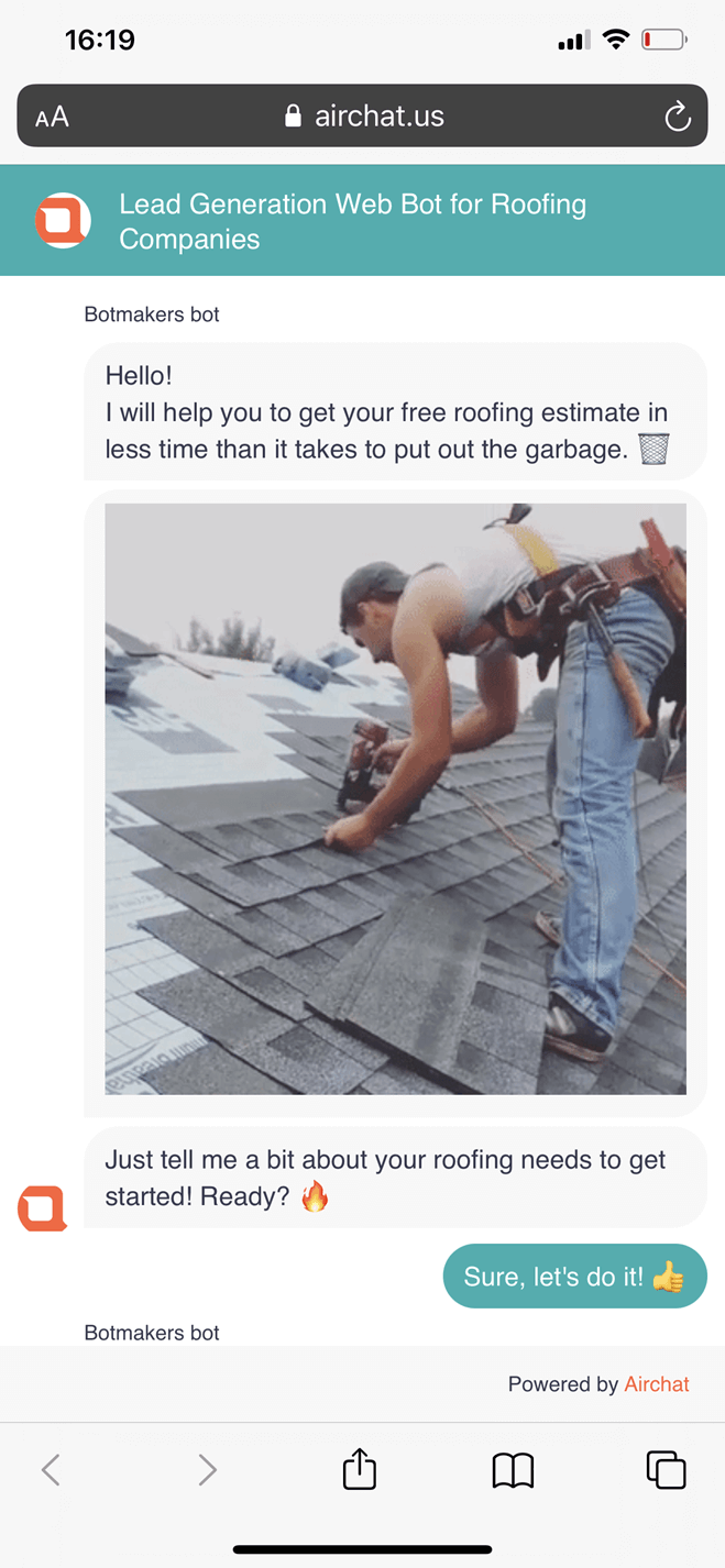Roofing company Messenger bot screenshot