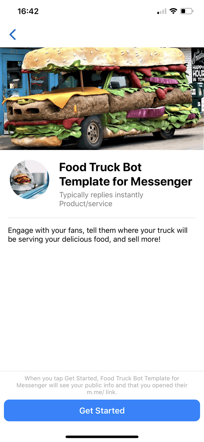 Food Truck Bot Template for Messenger Messenger bot screenshot