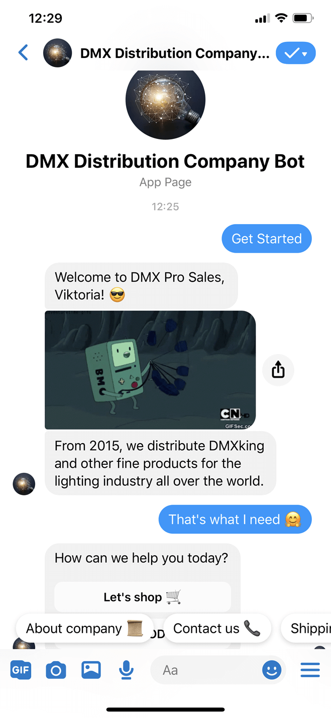 DMX distribution company Messenger bot screenshot