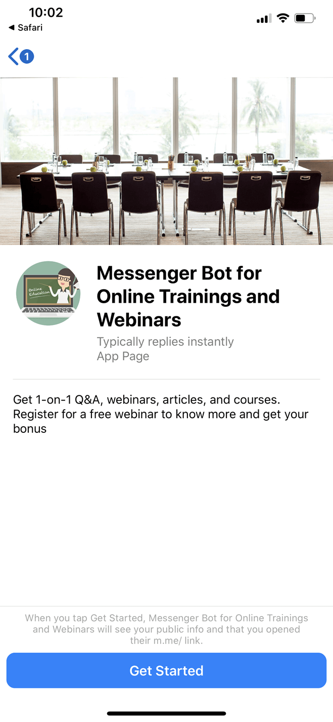 Online Trainings and Webinars Messenger bot screenshot