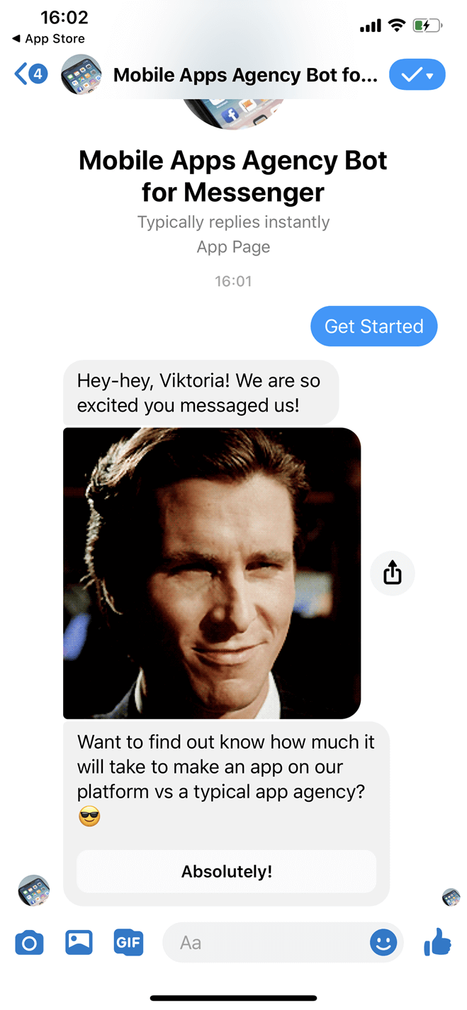 Mobile apps agency Messenger bot screenshot