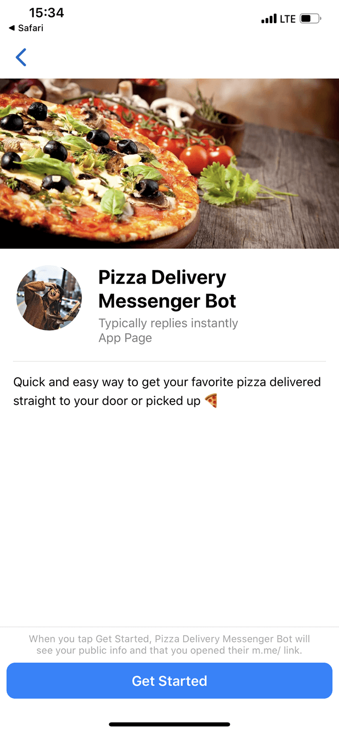 Pizza Ordering and Delivery Messenger bot screenshot