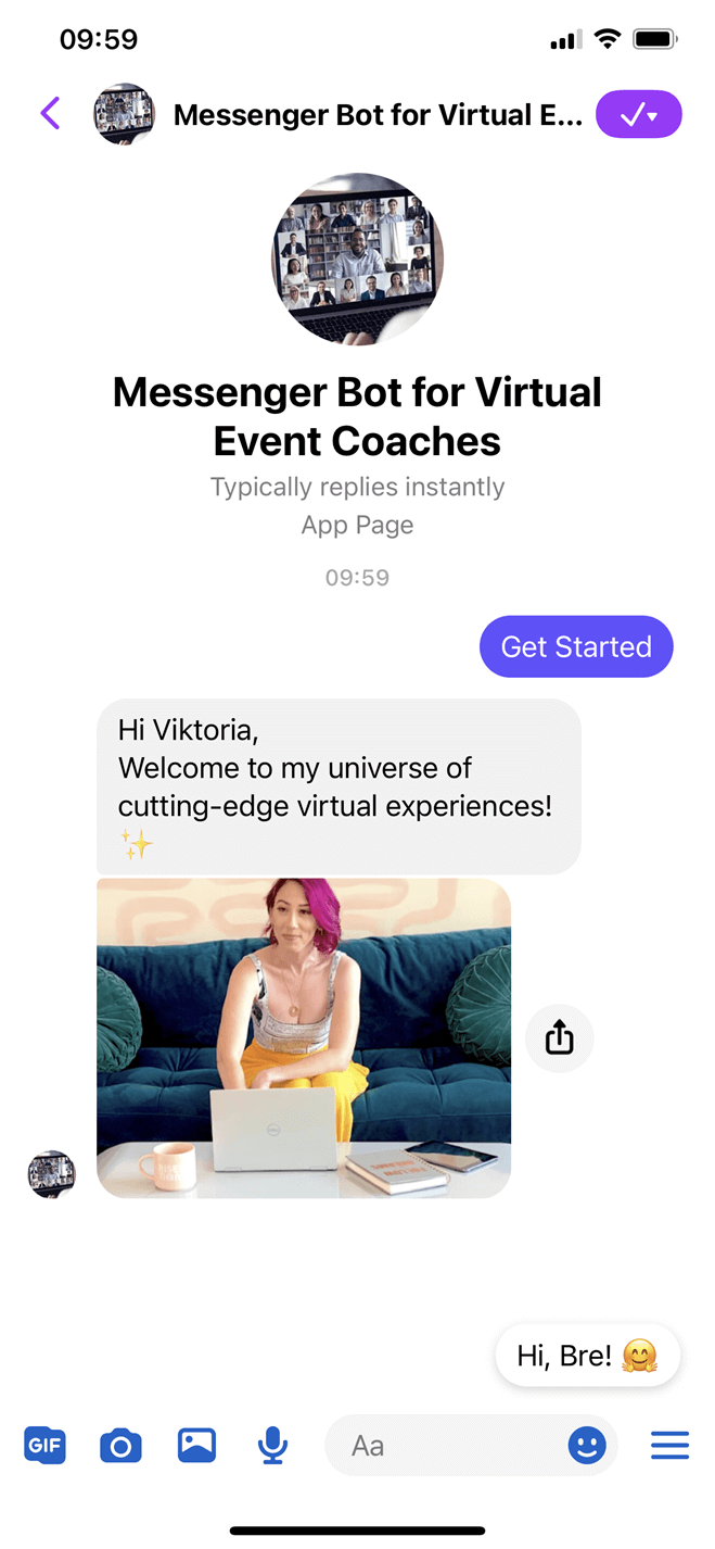 Virtual event coach Messenger bot screenshot