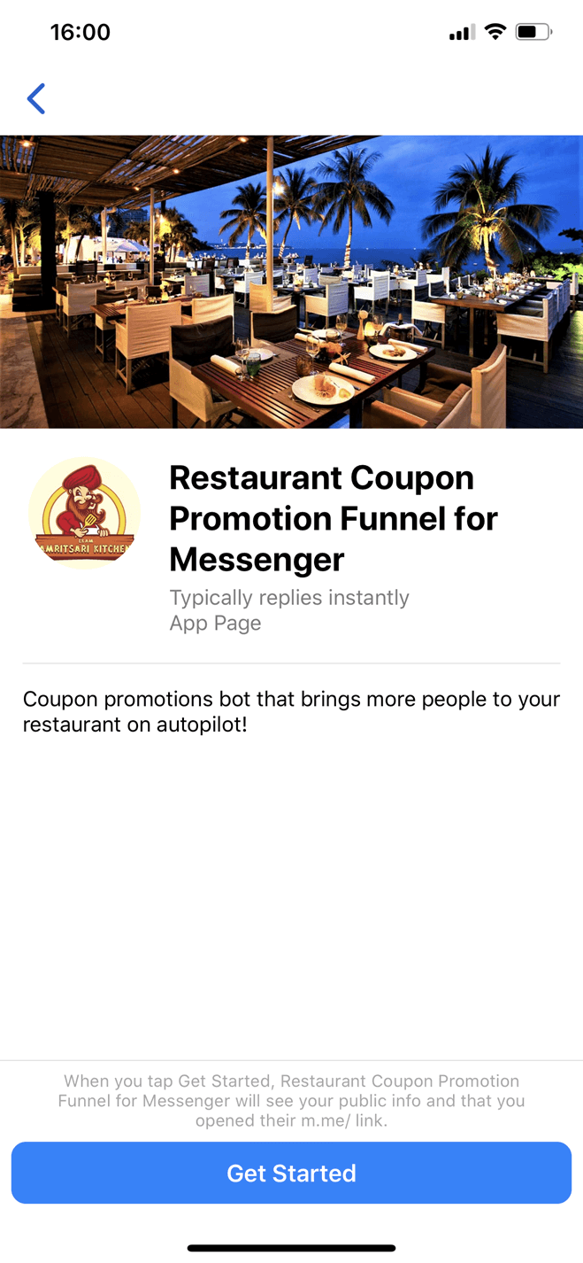 Restaurant Coupon Promotion Funnel for Messenger Messenger bot screenshot