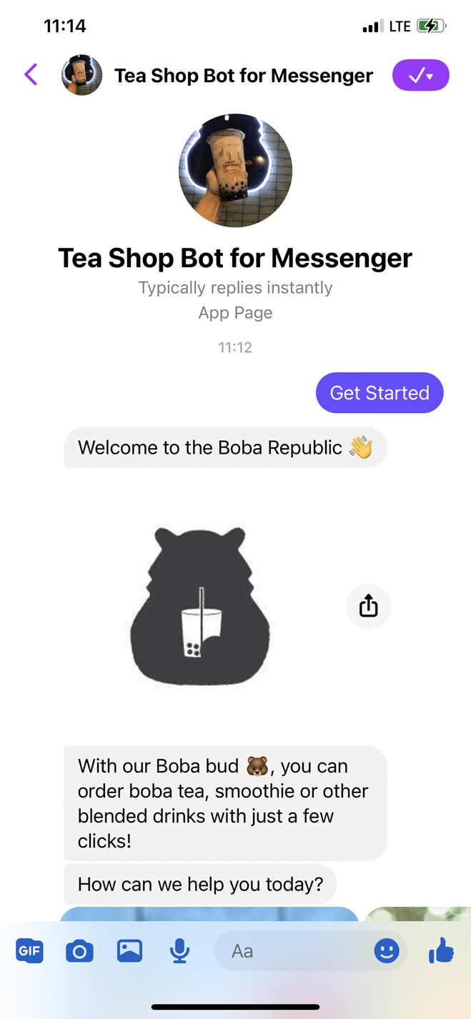 Tea shop Messenger bot screenshot