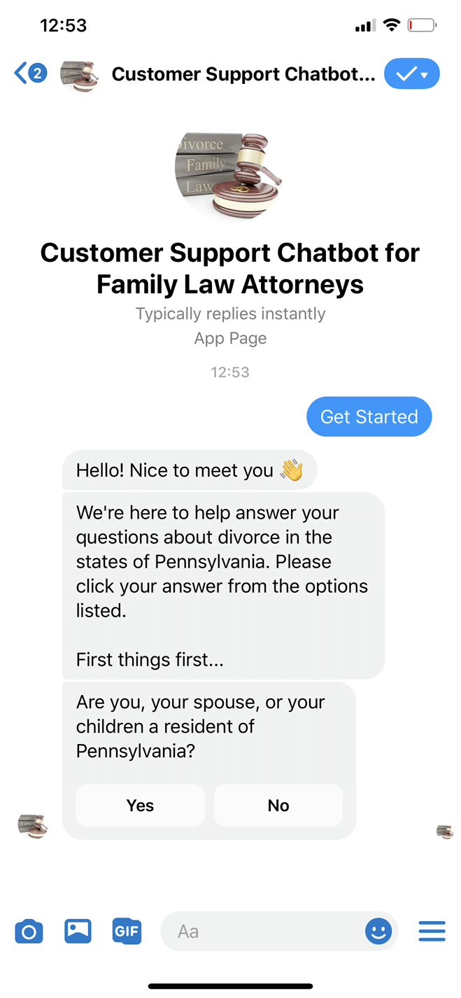 Family law attorney Messenger bot screenshot